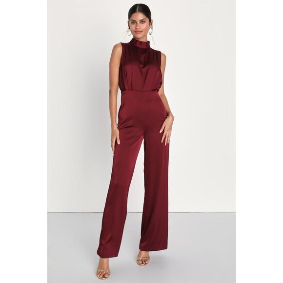 Lulus Classic Elegance Wine Red Satin Sleeveless Mock Neck Jumpsuit - Picture 1 of 13